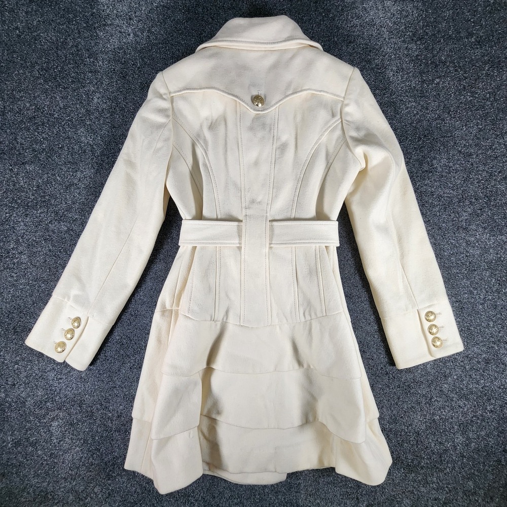 GUESS Wool Cream Gold Buttons Pea Coat Women's Small With Waist Belt Formal - Picture 4 of 12